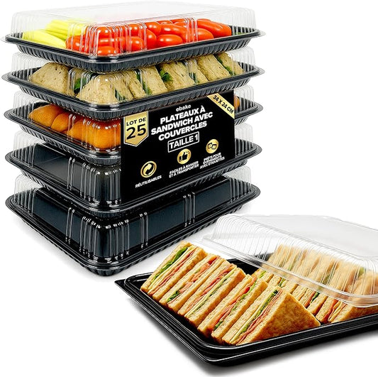 25 Pack Catering Trays with Lids – 13" Serving Tray with Lid, Heavy Duty Recyclable Plastic Party Platters for Catering, Buffet, Picnics & Events – Food Trays with Clear Lid (13.39 × 9.84 × 2.95 inch)