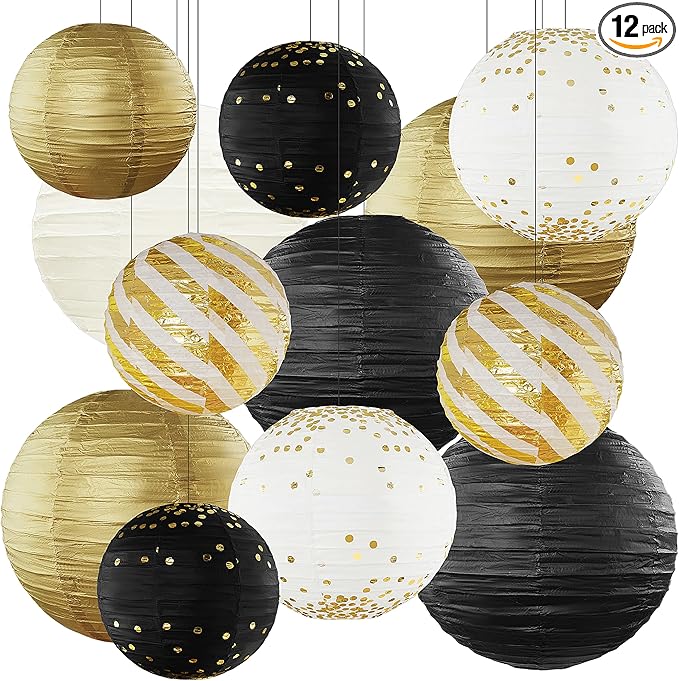 Black and Gold Back to School Decorations Hanging Paper Lanterns 12pcs Paper Lanterns Decorative for Birthday Anniversary Wedding Retirement Party New Years Decorations