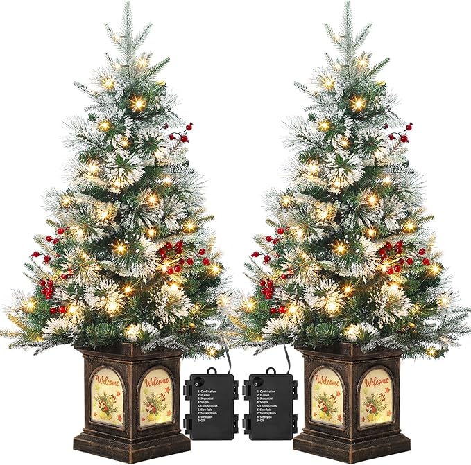 3 ft Prelit Premium Snow Flocked Artificial Christmas Tree with 8 Mode Warm White Led, Mini Prelit Xmas Pine Tree for Christmas Decoration,Yard,Home,Office,Outdoor,Indoor 2 Pack