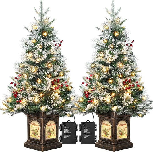 3 ft Prelit Premium Snow Flocked Artificial Christmas Tree with 8 Mode Warm White Led, Mini Prelit Xmas Pine Tree for Christmas Decoration,Yard,Home,Office,Outdoor,Indoor 2 Pack