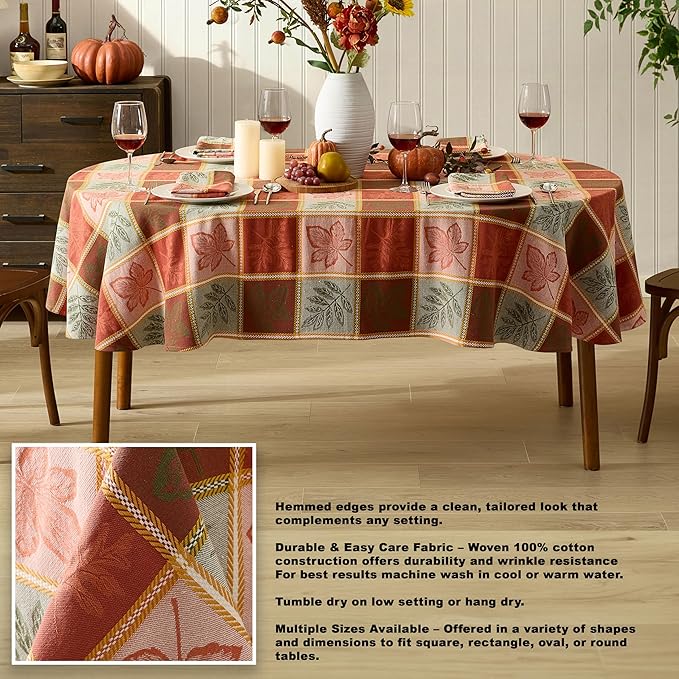 Newbridge Whispering Leaves Rust Orange and Green Plaid Thanksgiving Tablecloth, 60 x 84 Inch Oval, Autumn Leaf Woven Fabric Table Cover, Fall Harvest Dining Decor
