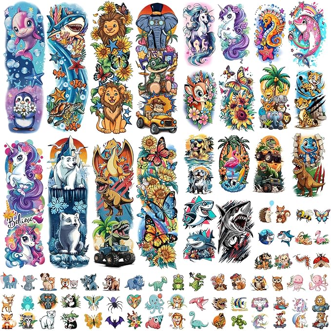 52 Sheets Temporary Tattoos for Kids, Full Arm Sleeve Fake Tattoos for Boys Girls Birthday Party Favors, Waterproof Tattoos with Unicorn Lion Tiger Shark Butterfly Dinosaurs Patterns