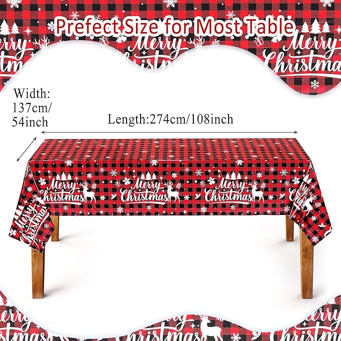 Mornajina 4 Pack 108 x 54 Inch Buffalo Plaid Plastic Tablecloths Rectangle Disposable Xmas Tablecloths Christmas Table Cover for Christmas Party Decoration