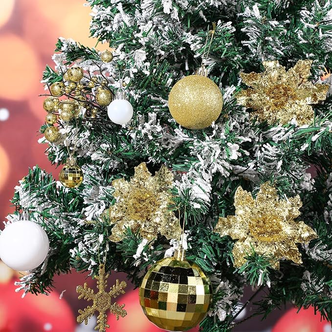 Sratte 94 Pcs Christmas Tree Decorations Set, Christmas Tree Ball Ornaments Glitter Poinsettia Flowers Decorations Glitter Berries Stems for Xmas Holiday Wedding(White, Gold)
