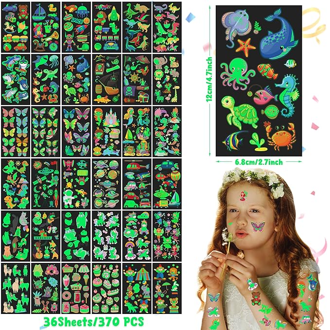 370 Patterns Party Favors for Kids, 36 Sheets Glow In Dark Stickers Luminous Temporary Tattoos, Waterproof Fake Tattoo Supplies Animal Dinosaur Mermaid Butterfly Stickers for Birthday Decorations