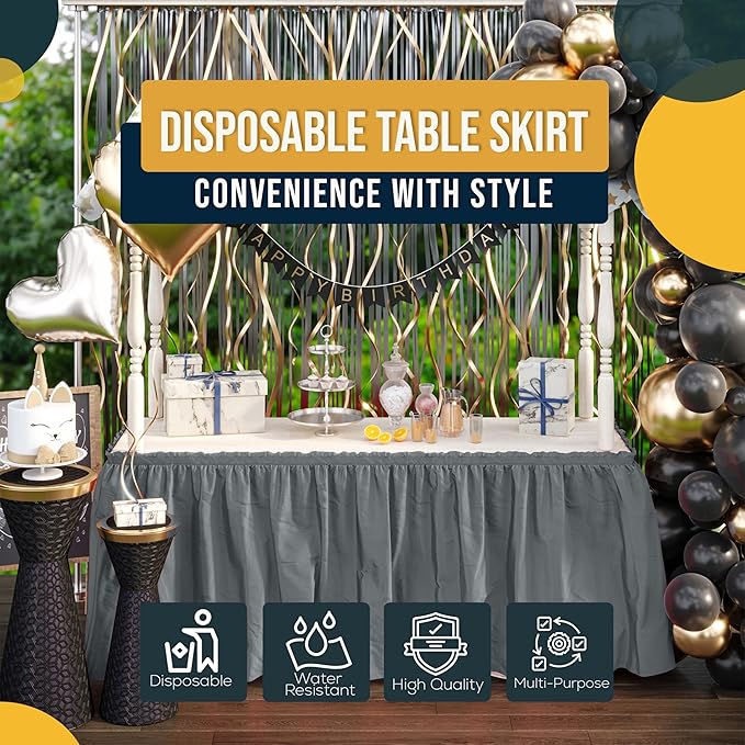 Exquisite Ruffle Table Skirt Silver 2 Pack 14 Ft Long Table Skirts for Rectangle Tables 6ft Plus or Round Tables Skirts with Adhesive Strip for Gender Reveal Decor & Happy Birthday Parties