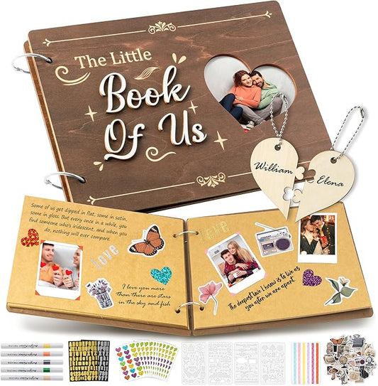 CY2SIDE Book of Us Wooden Scrapbook - 111PCS The Little Book of Us Photo Album Scrapbook Craft Kit Included Wood Cover Heart Puzzle Brown Paper Sticker and Template for DIY Dating Anniversary