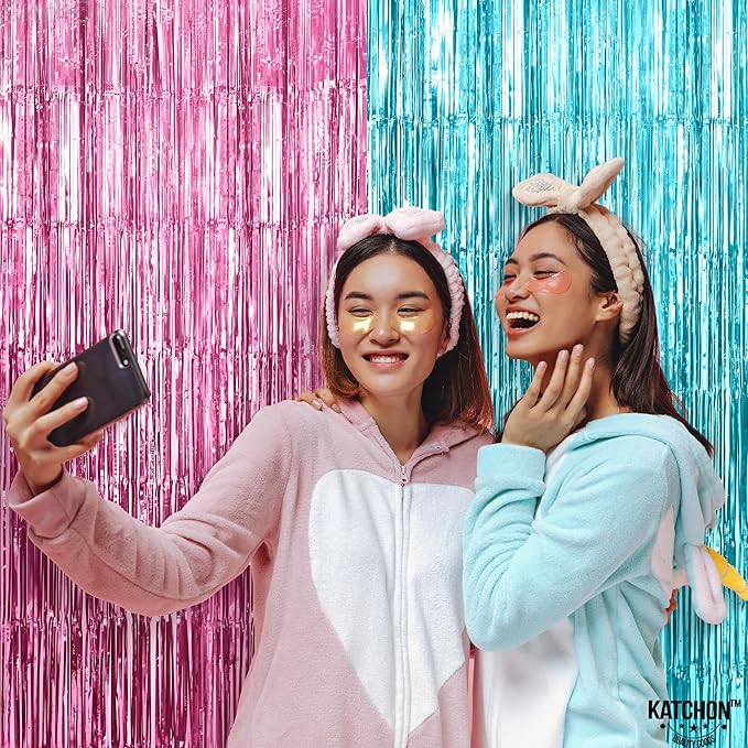 KatchOn, Large Pink and Blue Foil Fringe - 6.4x8 Feet, Pack of 2 | Girl or Boy Gender Reveal Decorations | Pink and Blue Fringe, Boy or Girl Backdrop | Gender Reveal Backdrop for Gender Reveal D√©cor