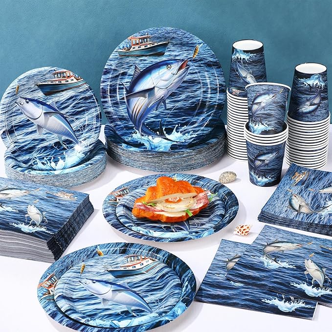 250 Pcs Gone Fishing Party Decoration Fishing Paper Plates Napkins and Cups Party Disposable Tableware Set for Fish Themed Tournament Fisherman Ofishally One Birthday Decorations, Serves 50