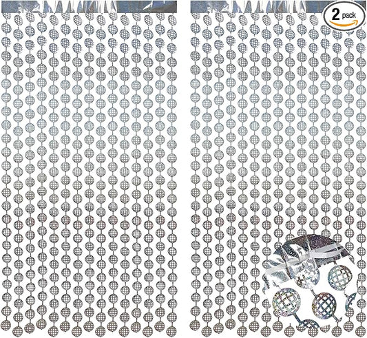 BRAVESHINE Hanging Balls Party Streamers Backdrop - 2 Pack Silver Tinsel Foil Fringe Curtains for 70s 80s 90s Discoball Party, Birthdays, Bachelorette, Engagement, Music, Dance,New Years Decorations