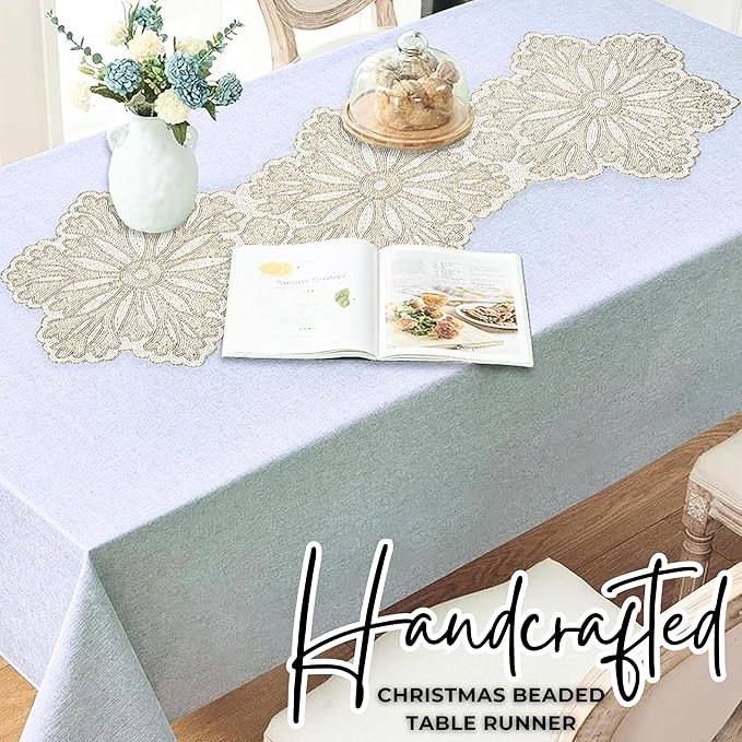 Beaded Table Runner - Elegant & Versatile Dining & Kitchen Linen for Home Decor, Weddings, Parties, Special Occasions, Modern Table Decoration & Luxury Festive Accessory White Silver - CLEENTABLE