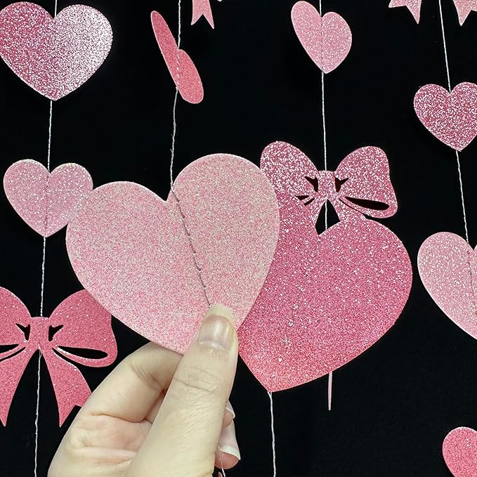 Pink Bow Decorations Pink Glitter Paper Heart Bow Hanging Garland Streamer for Coquette Birthday Valentines Bachelorette Anniversary Wedding Bridal Shower Baby Shower Hen Party Decorations Supplies