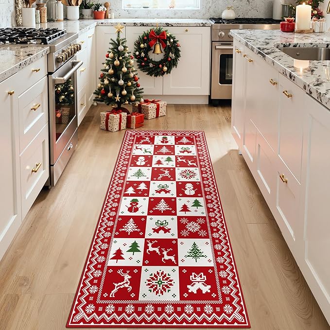 Christmas Runner Rug 3x8 Washable Rug for Hallway Kitchen Bedroom, Christmas Home Decor, Holiday Print Carpet, Low Pile Mat with Non Slip Backing, Red White Checkerboard