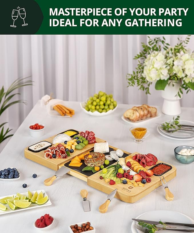 ROYAL CRAFT WOOD Extra Large Bamboo Charcuterie Boards - Large Charcuterie Board Set w/ 3 Sauce Bowls, 4 Knives & Slate Plate - Unique Cheese Board & Serving Tray - Ideal Housewarming Gift