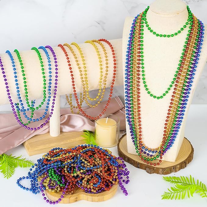 24 PCS Rainbow Beads Necklaces, 33" Round Pride Beaded Bulk, LGBT Colorful Plastic Bead Necklaces, 6 Colors Pride Month Parade Throw Accessories Stuff for Gay Lesbian Party Supplies Decorations