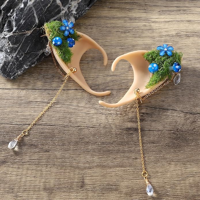 FRESHME Forest Mushroom Elf Ears, Soft Fairy Ears with Mushroom Moss and Flower Elven Ear Cuffs Halloween Renaissance Cosplay