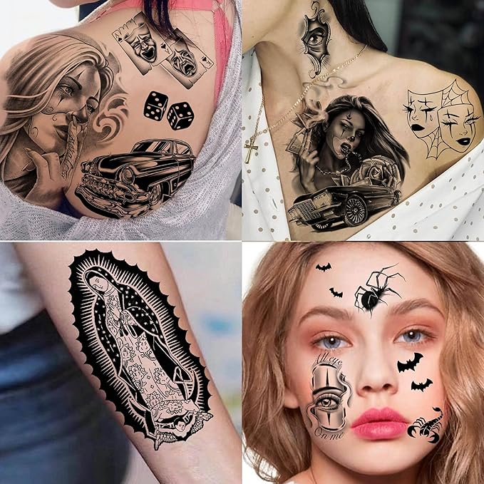 6 Sheets Chicano Temporary Tattoos For Women Men Adults Halloween Face Makeup Kit, Black Guadalupe Tattoo Stickers, Gangster Payasa Gansta Fake Tatoos Prison Familia Joker, Tatuajes Temporales