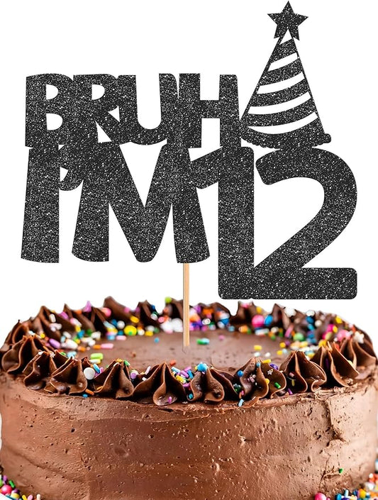 Bruh I’m 12 Cake Topper - Glitter Black 12th Birthday Cake Decorations, 12 Years Old Birthday Cake Smash Decor (12)
