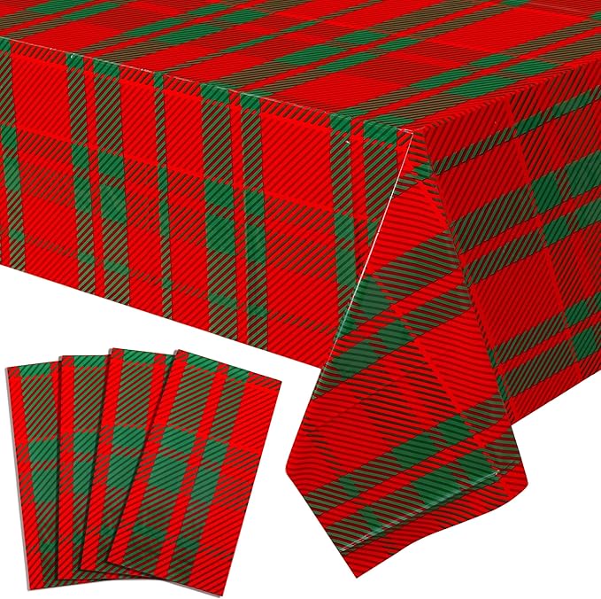 Mornajina 4 Packs 108 x 54 Inch Buffalo Checkered Plaid Merry Christmas Party Tablecloth Decorations Disposable Plastic Red and Green Xmas Rectangle Table Cloth (Buffalo Plaid)