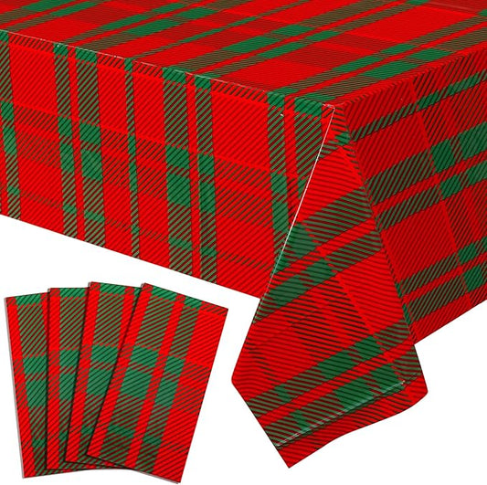 Mornajina 4 Packs 108 x 54 Inch Buffalo Checkered Plaid Merry Christmas Party Tablecloth Decorations Disposable Plastic Red and Green Xmas Rectangle Table Cloth (Buffalo Plaid)