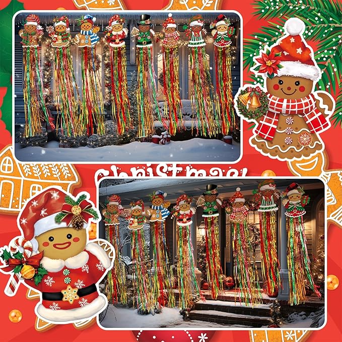 8pcs Christmas Windsocks Outdoor Hanging Decorations with Tassels Gingerbread Yard Signs for Outside 3.3ft Xmas Decorative Signs for Wall Tree Home Lawn Yard Party Supplies Garden Decor