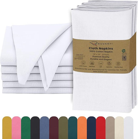 Ruvanti Cloth Napkins Set of 6, 18x18 Inches, 100% Cotton, Washable, Soft & Absorbent, Perfect for Wedding, Christmas, ‎Thanksgiving Dinners - White
