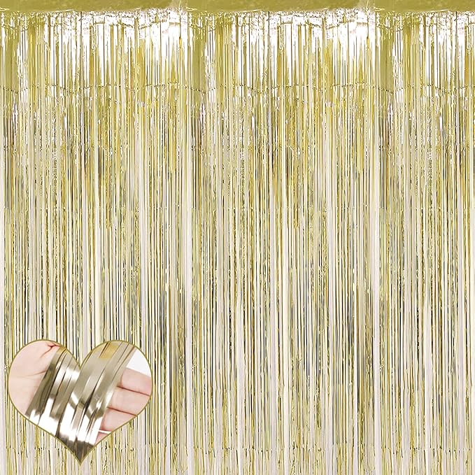4 Pack Light Gold Fringe Curtain Backdrop, 3.2Ft x 9.8Ft Metallic Tinsel Foil Fringe Streamers Background for Photo Booth Birthday Wedding Baby Shower Carnival Easter Mother’s Day Party Decorations
