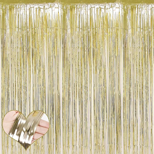 4 Pack Light Gold Fringe Curtain Backdrop, 3.2Ft x 9.8Ft Metallic Tinsel Foil Fringe Streamers Background for Photo Booth Birthday Wedding Baby Shower Carnival Easter Mother’s Day Party Decorations