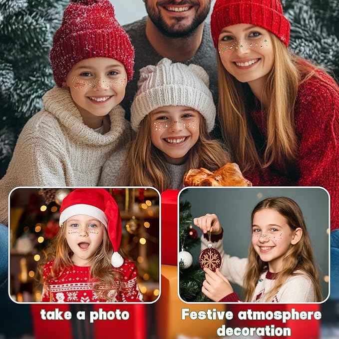 8 Pcs Christmas Face Temporary Tattoos, Ren Green and White Glitter Freckles Face Tattoo for Kids and Women, Waterproof Christmas Accessories Face Makeup for Party Supplies