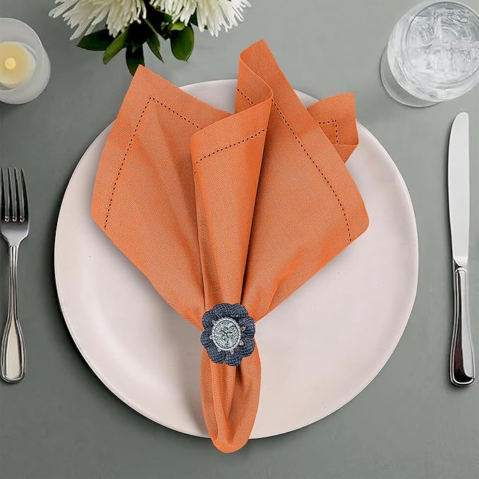 Ruvanti Premium Linen Napkins Set of 6-20x20 Inch, Classic Hemstitch, Mitered Corner Cloth Napkins ‎- Soft, Elegant Dinner Napkins Cloth Washable for Weddings, Parties, Everyday Use - Fall/Orange