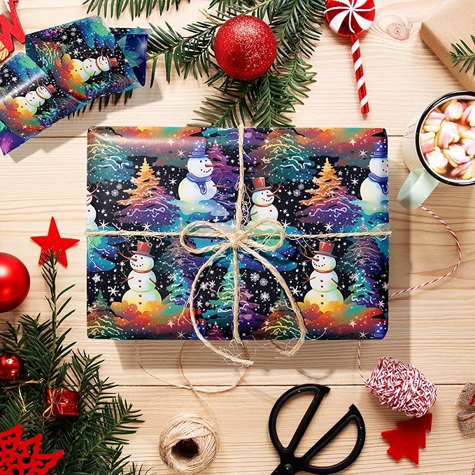 Vnaaem Chrismas Wrapping Paper Roll for Kids Boys Girls - Cute Rainbow Xmas Gift Wrap with Snowman Snowflake Design for Holiday Winter Birthday DIY Craft Party(Total 28.5sq.ft)