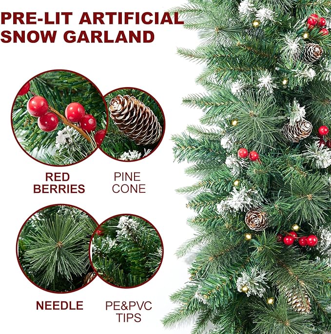 Christmas Garland with Prelit 9ft Christmas with 50 Warm White Lights, Pulg in, Snow PVC Mixed PE Pine Cones Red Berry Garland Xmas Decor for Stairs Wall Door Indoor Outdoor