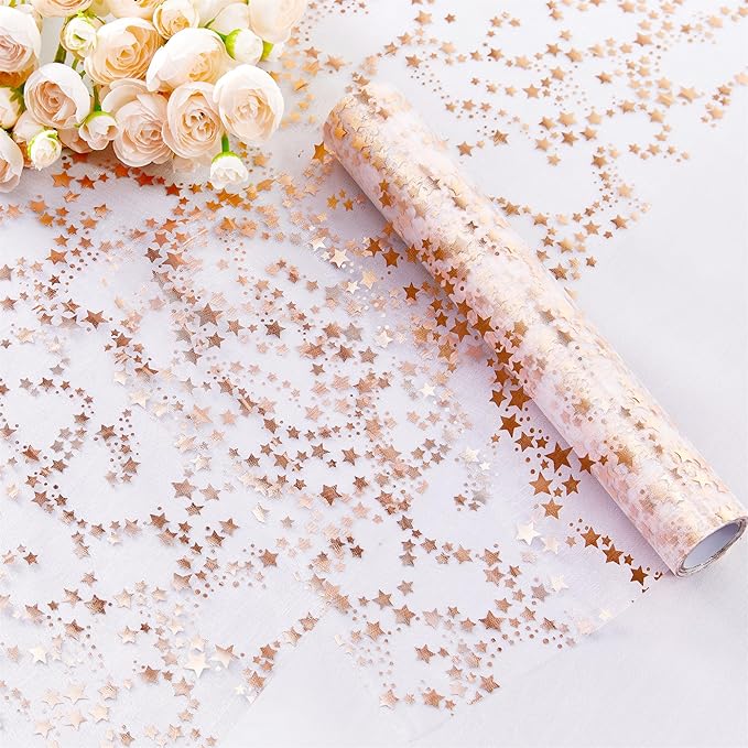 YATOJUZI Rose Gold Table Runner,16 Ft Star Sheer Chiffon Tulle Table Runner,Sequin Glitter Metallic Foil Rose Gold Table Decorations Centerpiece for Wedding Birthday Party