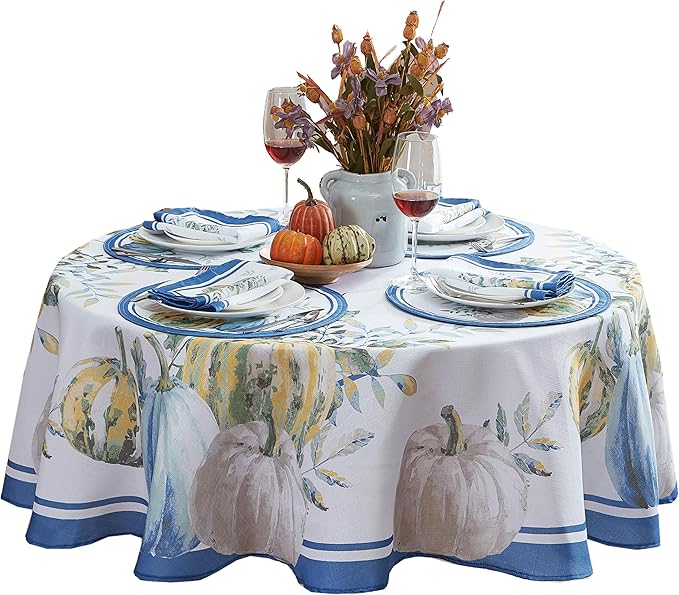 Home Bargains Plus Thanksgiving Contemporary Blue Pumpkin Tablecloth, 70 Inch Round, Fall Harvest Easy Care Fabric Table Cover
