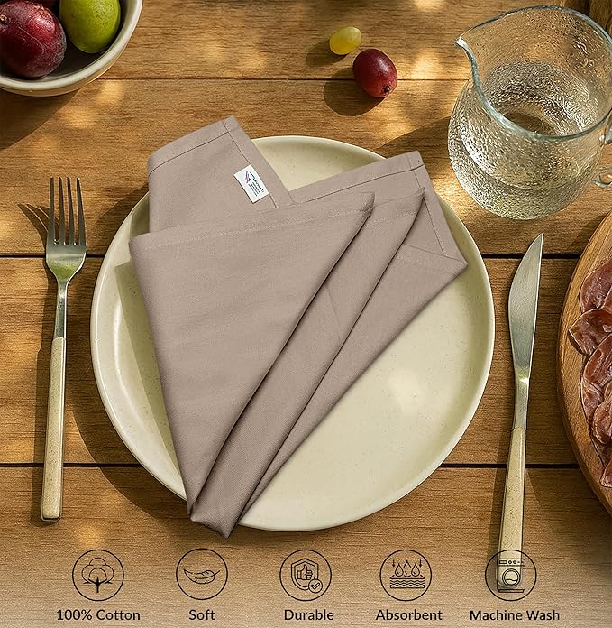 Ruvanti Premium Cloth Napkins Set of 6, 18x18 Inches, 100% Cotton, Washable, Soft & Absorbent, Perfect for Wedding, Christmas, ‎Thanksgiving Dinners - Light Taupe