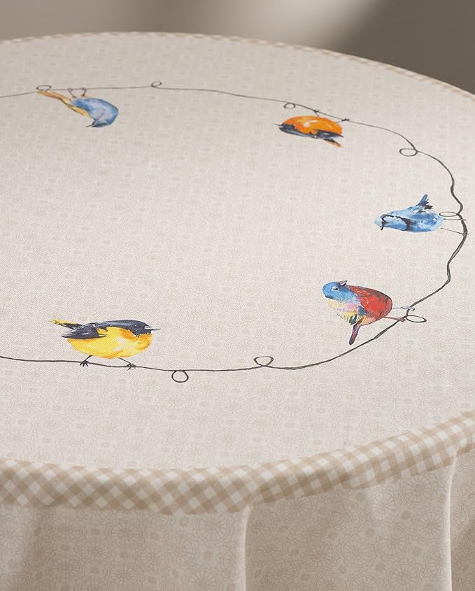 Maison d' Hermine Table Cloth Round Table 100% Cotton 63 Inches Tablecloth Reusable Decorative Everyday Use for Dining Room, Farmhouse, Home, Party, Festive & Wedding Spring Summer - Birdies On Wire