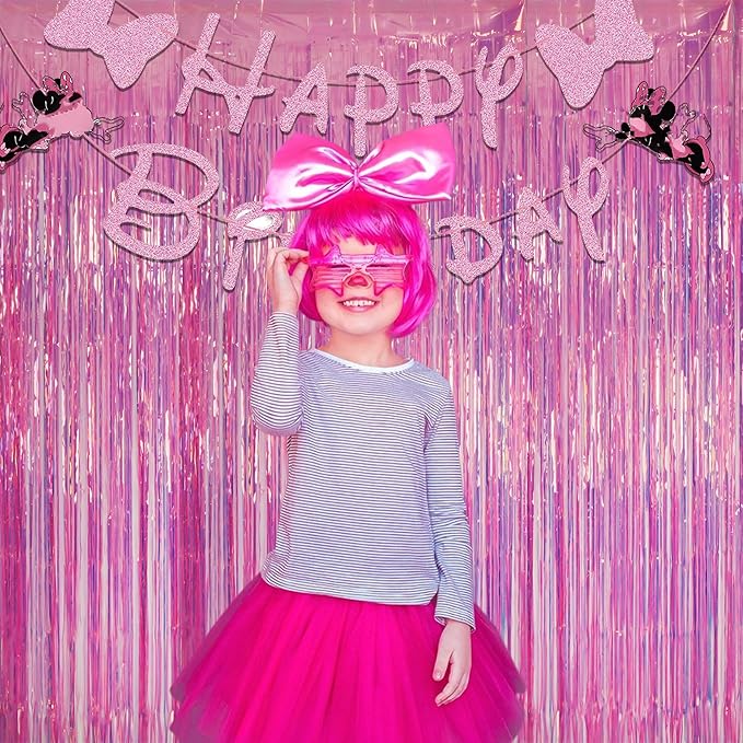 GREATRIL Holographic Tinsel Foil Fringe Curtain, 3.2 x 6.5 ft, Iridescent Party Streamers, 2 Pack (Pink)
