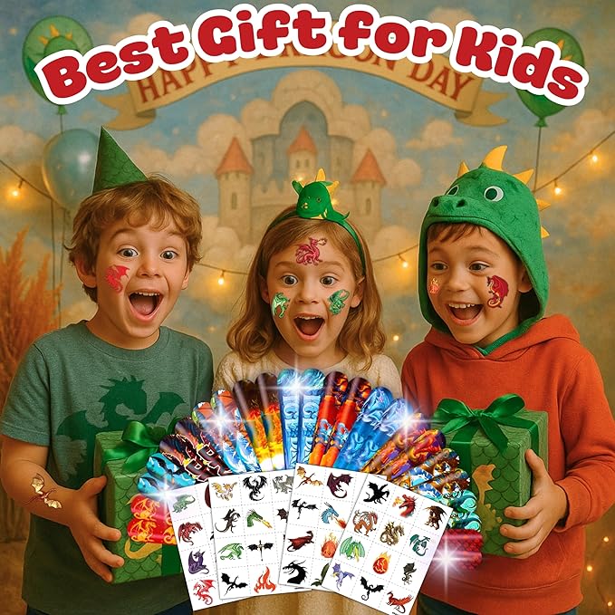 72PCS Dragon Party Set | 48PCS Temporary Pre-cut Tattoos & 24PCS Slap Bracelets Fun Fantasy Themed Birthday Supplies, Baby Shower Gifts, Classroom Rewards & Party Decor for Kids (Boys & Girls)