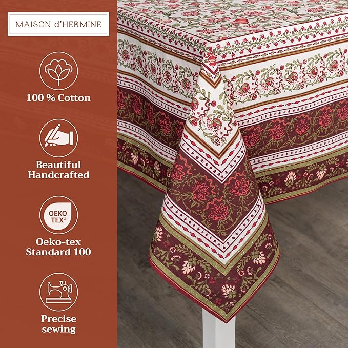 Maison d' Hermine Table Cloth Rectangle Table 100% Cotton 70 x 140 Inches Fall Tablecloth Reusable Everyday Use for Thanksgiving Christmas Decorations Dining Farmhouse Party (Reveillon Au Jardin)