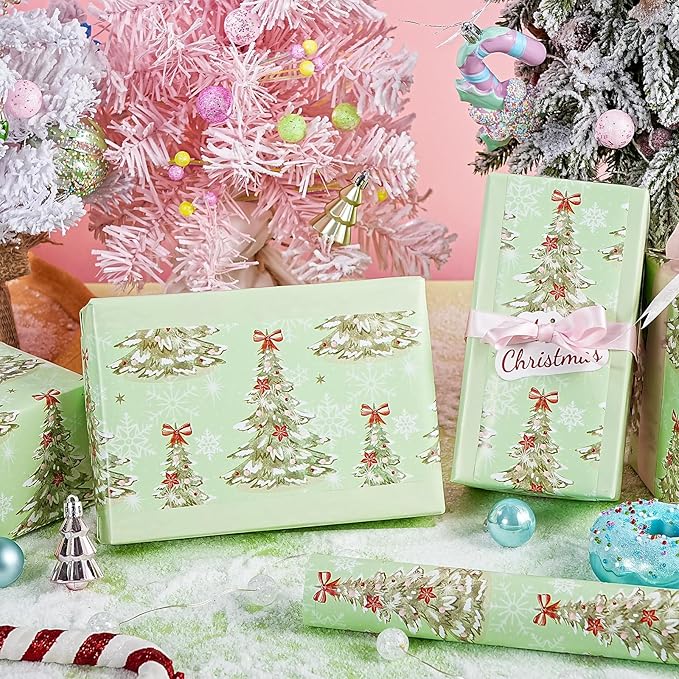WRAPAHOLIC Reversible Christmas Wrapping Paper - Mini Roll - 17 Inch x 33 Feet - Light Green Christmas Tree Wrapping Paper for Xmas Holiday, Party Celebration