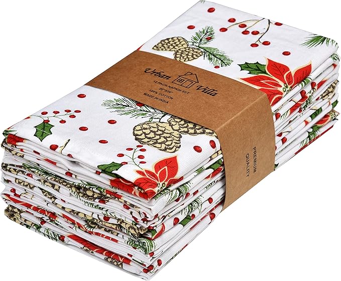 Urban Villa Christmas Dinner Napkins Set of 12 Pine Cone Print Cloth Napkins 100% Cotton Premium Quality 20x20 Inches Over Sized Cloth Napkins with Mitered Corners Durable Hotel Quality