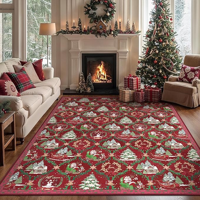 Christmas Area Rug 6x9 for Living Room, Washable Rug for Bedroom, Christmas Home Decor, Holiday Print Carpet, Low Pile Non Slip Mat with Rubber Backing, Crimson Christmas Tale Pattern
