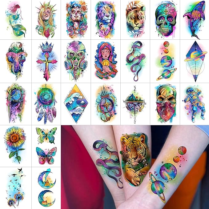60 Sheets 3D Watercolor Temporary Tattoos For Women Men Adults, Groovy Realistic Blue Eagle Dragon Fake Tattoo Stickers Body Arm, Wolf Tiger Lion Skull Moon Colorful Fake Tattoo Halloween Snake Anchor