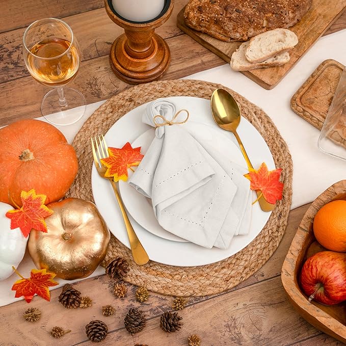 Blue Needles Set of 12 Hemstitch Linen Napkins 100% Cotton White Cloth Dinner Napkins 18x18 inches, Soft, Reusable, Absorbent, Washable, Ideal for Fall Thanksgiving Events, Parties & Everyday Use