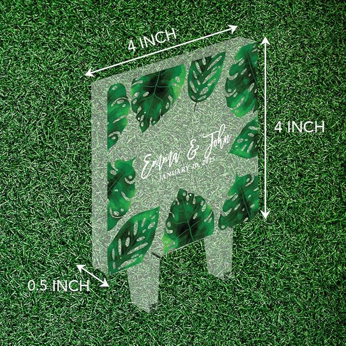 Andaz Press Tropical Greenery Monstera Leaves Names Date Custom Wedding Cake Topper, Acrylic Square Personalized Couple Cake Topper