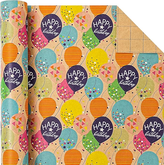 WRAPAHOLIC Kraft Birthday Wrapping Paper Roll - Mini Roll - 17 Inch x 9.8 Feet - Colorful Balloon with Confetti Design for Girls Boys Kids, Baby Shower, Party