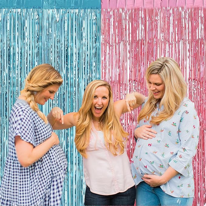 4 Pack 3.2Ft x 9.8Ft Pink Blue Fringe Curtain Backdrop, Metallic Tinsel Foil Fringe Streamers Curtains Background for Photo Booth Wedding Gender Reveal Backdrop Boy or Girl Birthday Party Decoration