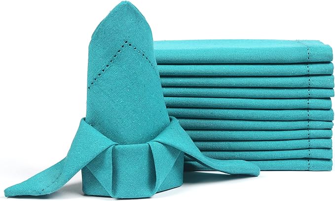 LFH Home Hemstitched Cloth Dinner Napkins 18x18 Inch Set of 12 - Reusable 100% Cotton Machine Washable Cocktail Napkins with Metered Corners for Daily, Party, Wedding, Bar Use - Teal