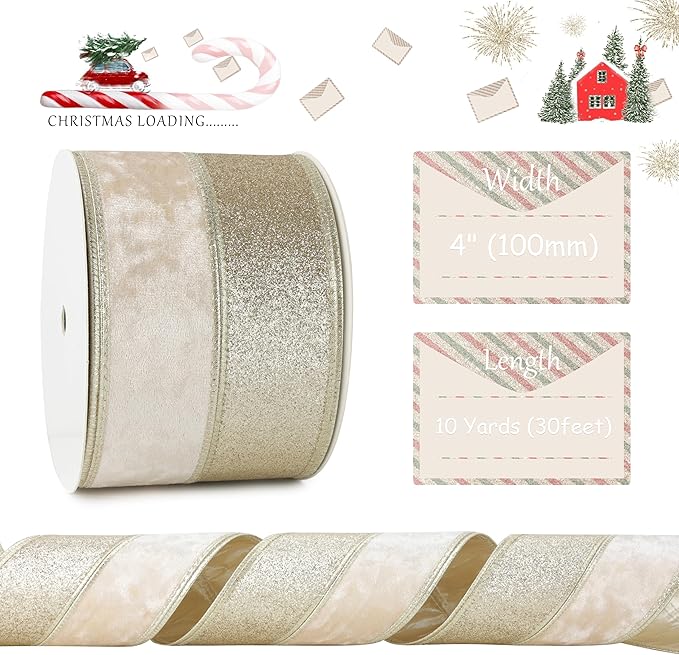 Champagne Velvet and Glitter Wired Christmas Ribbon 4 Inch – 10-Yards Roll for Tree Decorations, Gift Wrapping, Wreaths, and DIY Crafts