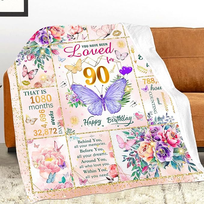 90th Birthday Gifts for Women, Super Soft Unique Fun Purple Butterfly Flower Blanket Gifts for Anniversary Christmas, 90th Birthday Decorations for Women, Cozy Warm Plush Fuzzy Fleece Blanket 60"x50"